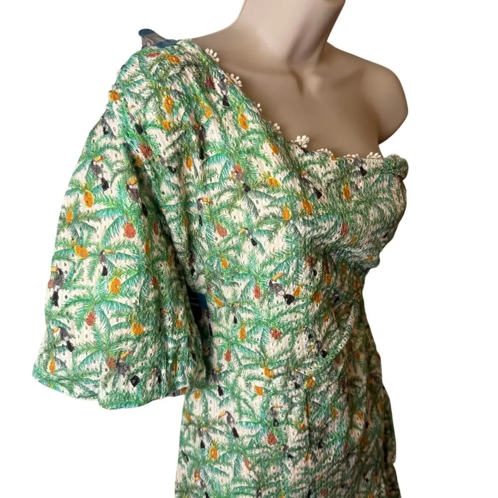Farm Rio Mini Toucans One Shoulder Dress XL Tropical Resort Lined Ruffle Texture